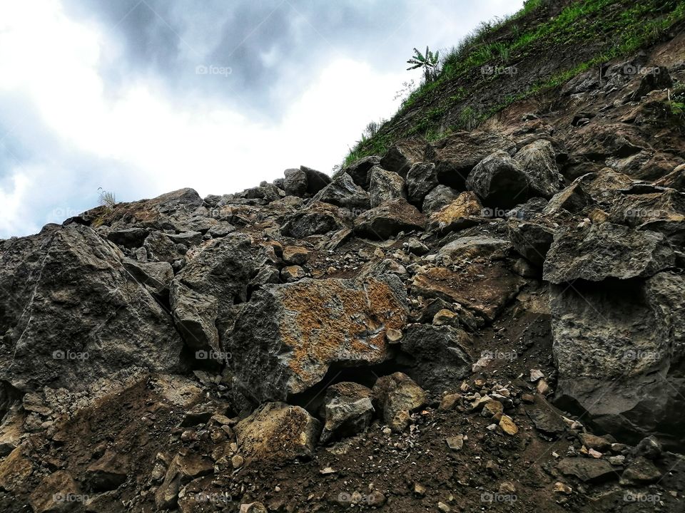 Landslide with big rocks.