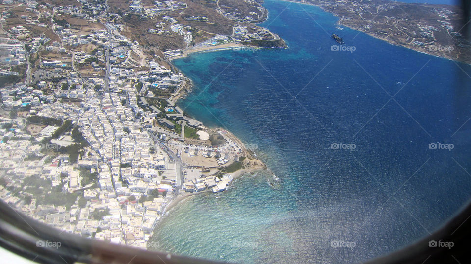mykonos island greece. windmills aerial view mykonos port