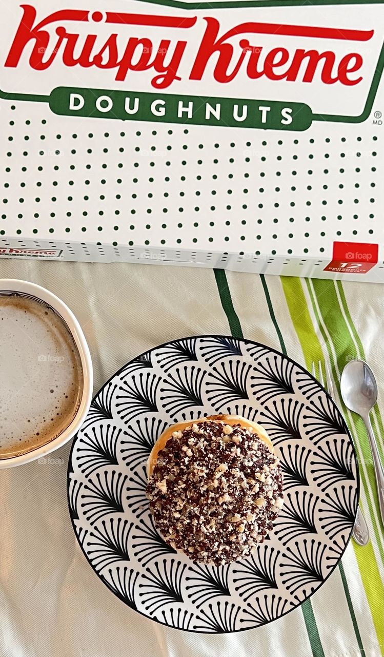 A very good Morning with chocolate doughnut and coffee