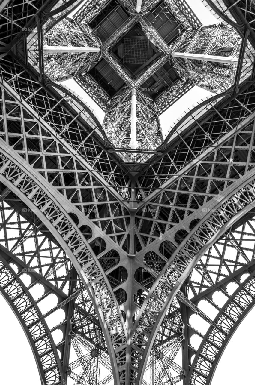 Eiffel Tower. Eiffel Tower in black and white shot from underneath
