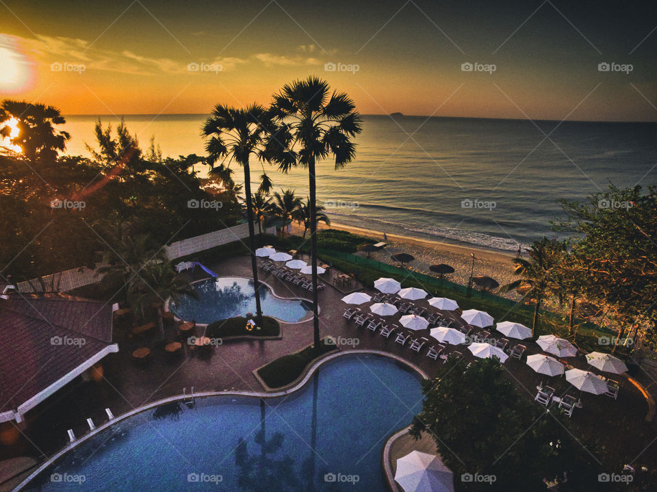 view from above, sunset over the sea at a resort in Thailand