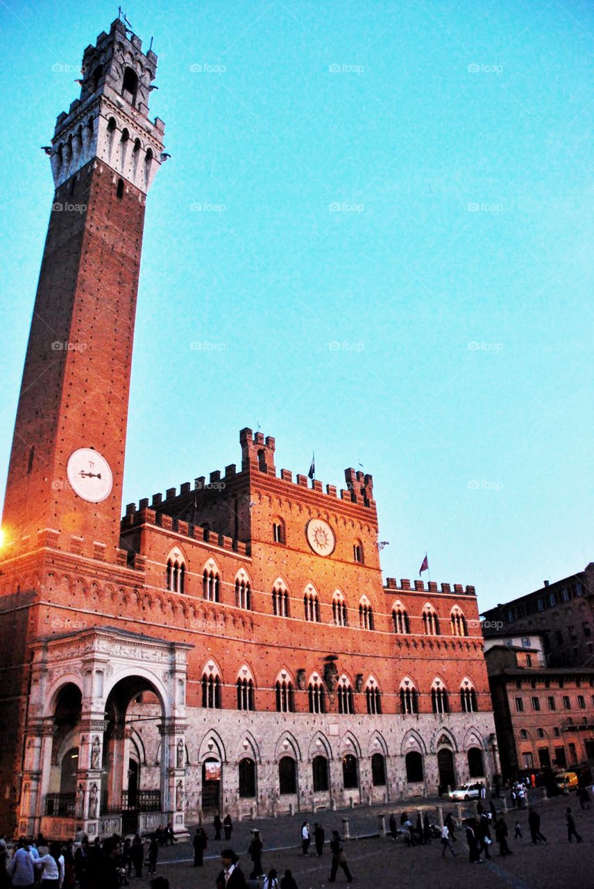 Sunset on the Campenile. Campanile and Siena Italy at sunset