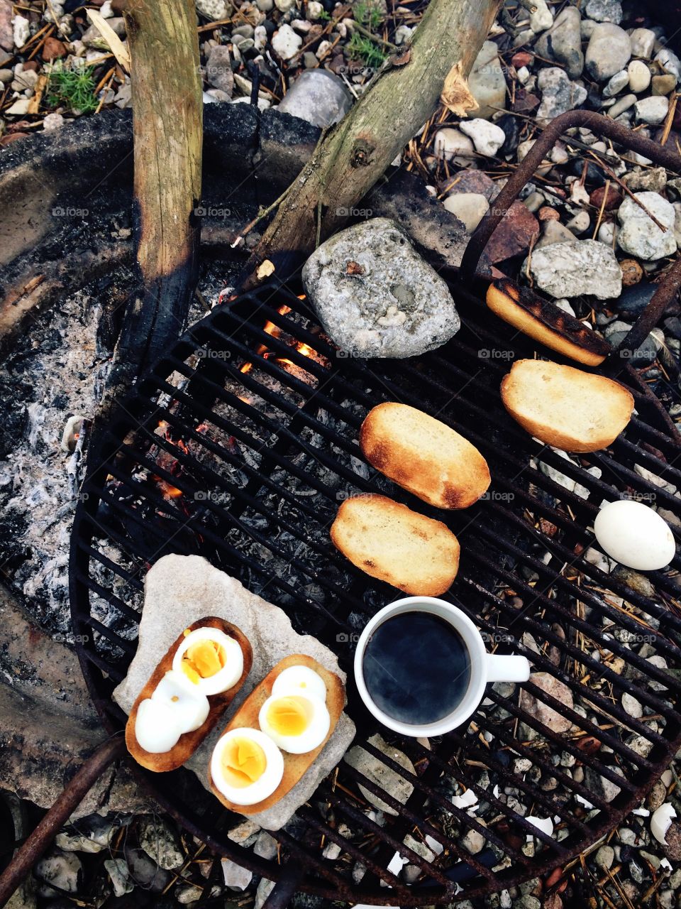 Eggs and bread and coffee outdoor breakfast 
