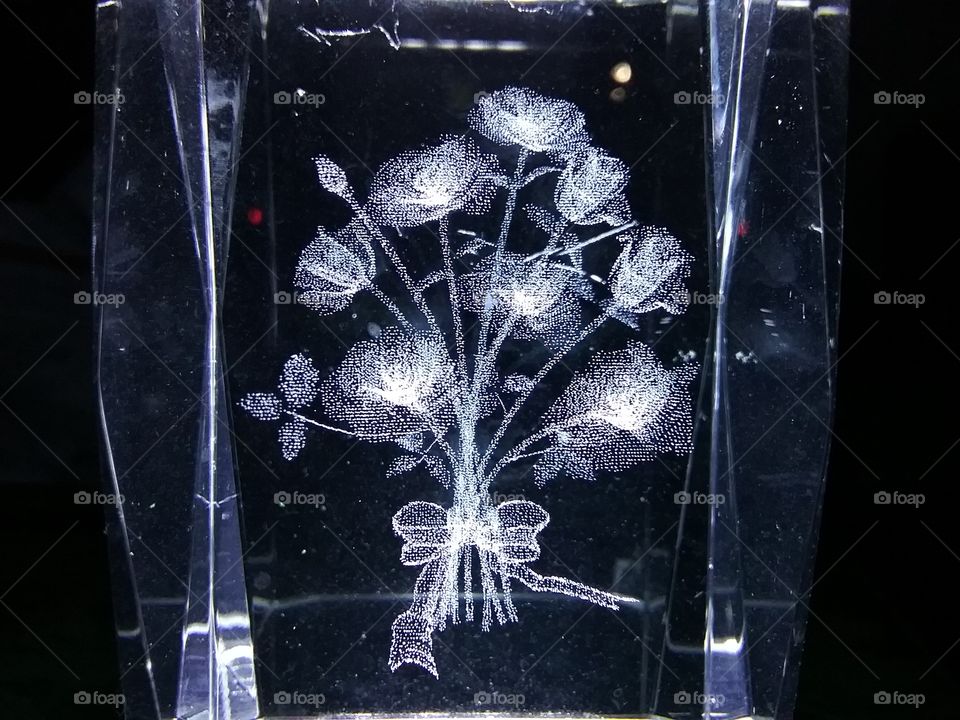3d print of flowers in acrylic cube.