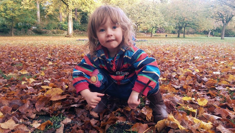 child playing with leaves in fall