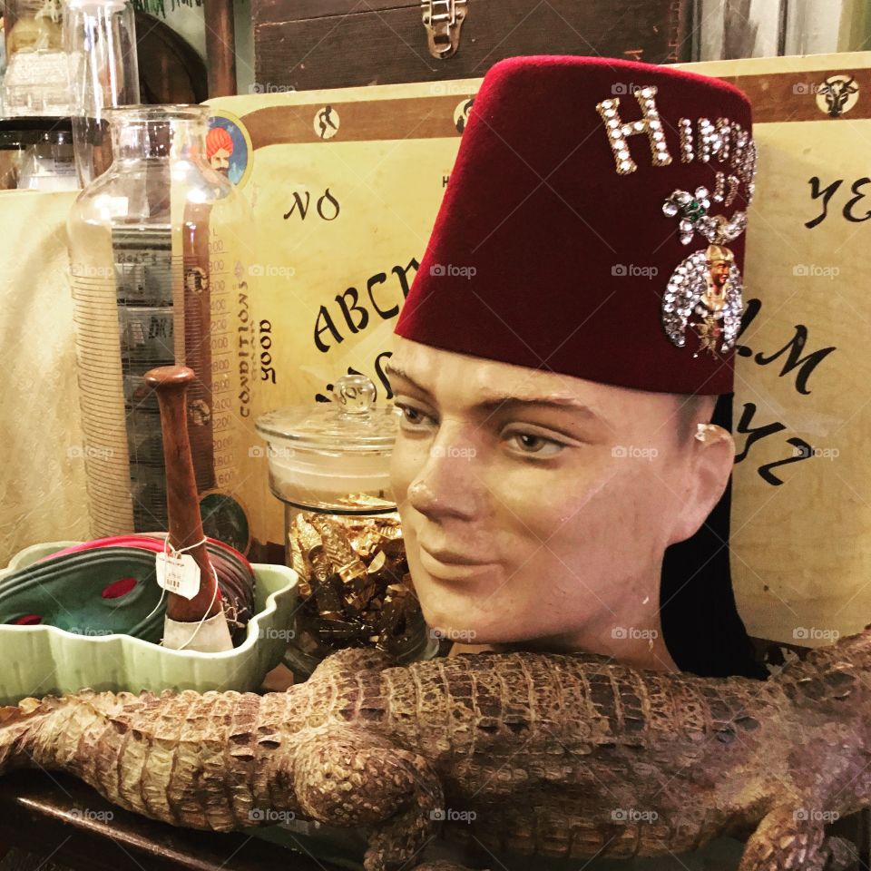 A table of merchandise found at Obscura Antiques and Oddities in New York City.