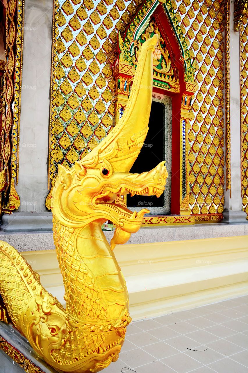 Beautiful the gold Nagas in the Thai temple