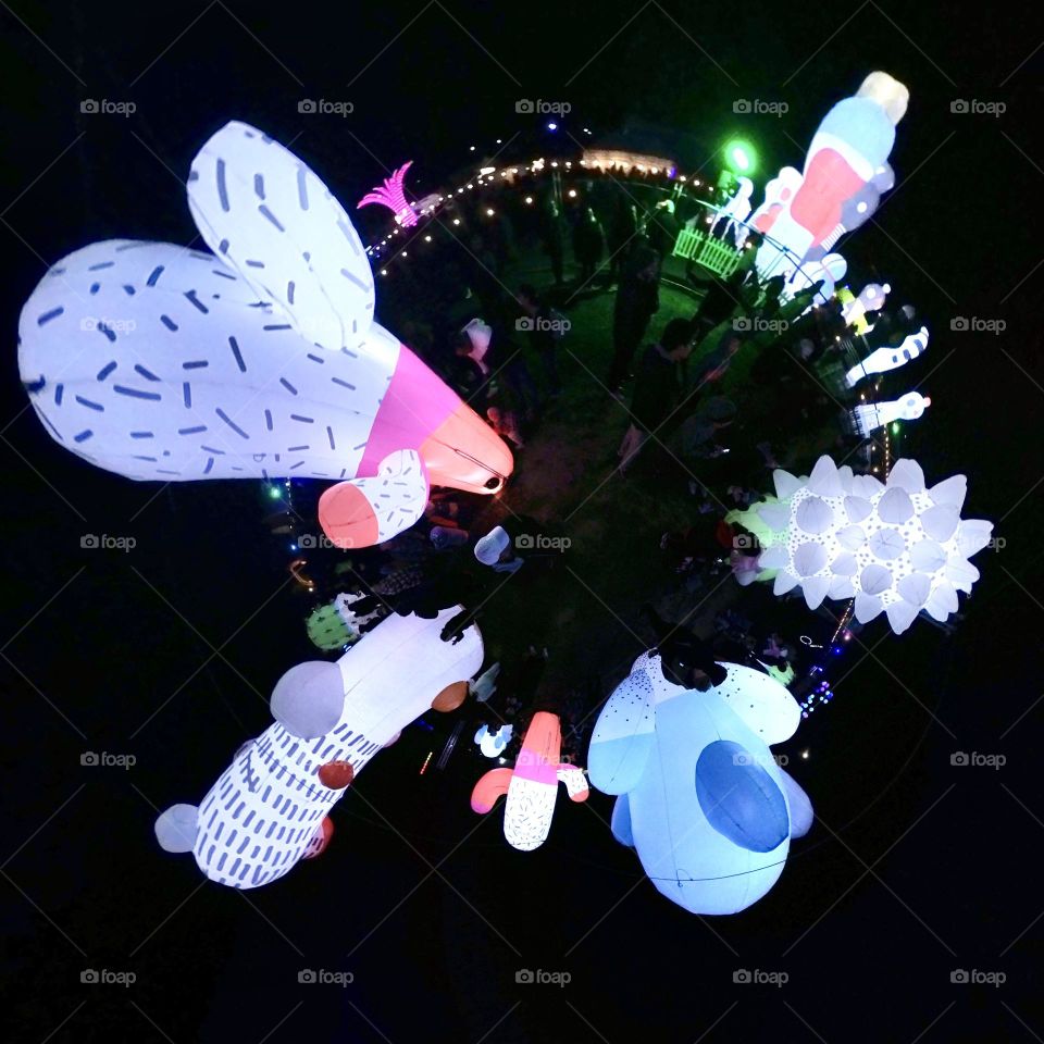 Decorative inflatable installations at a Night Light Show. Photo taken from a top down 360 view