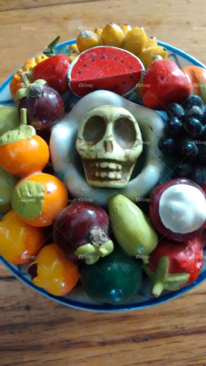 Skull in a fruit bowl