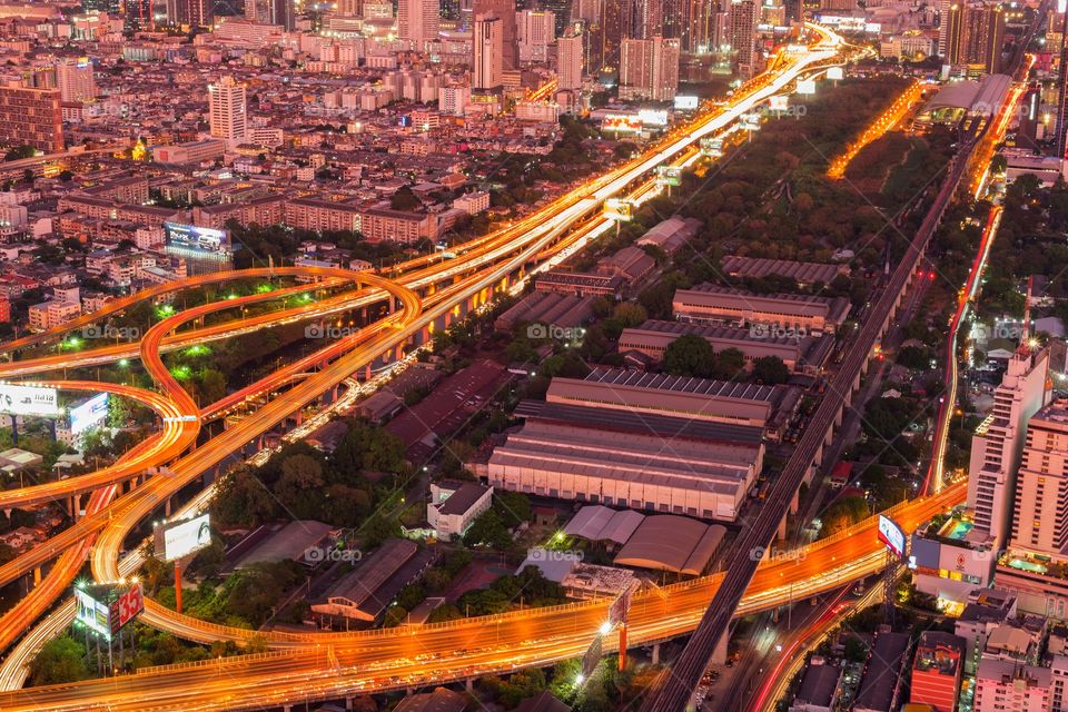 Vehicle light on express way in big city ,Bangkok Thailand