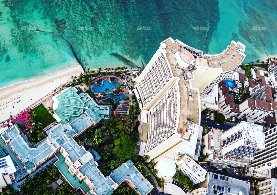 Overhead Waikiki Beach, Honolulu, Hawaii. 