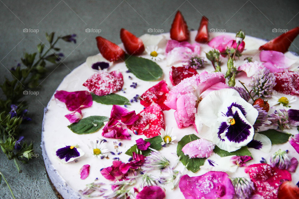 Close-up of cake garnish with petals