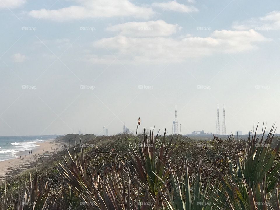 Canaveral National Seashore in distance Kennedy Space Center launch pad 