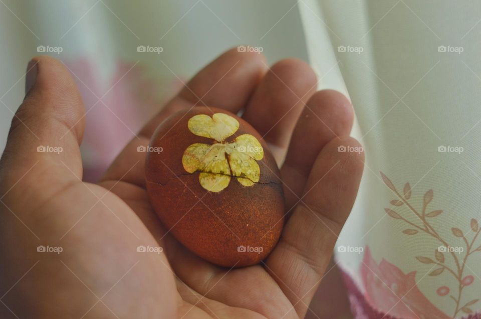 Easter painted egg with in hand drawings of leaves. the eggs are dyed with onion skins in a uniform natural color.