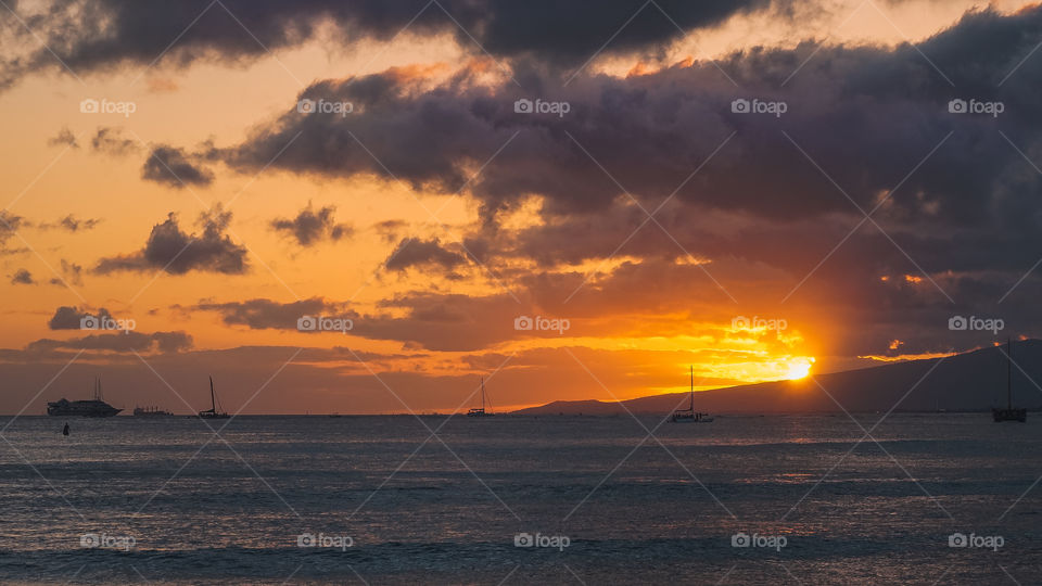 Fiery sunset in Waikiki, HI