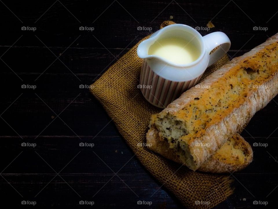 Close-up of bread with milkshake