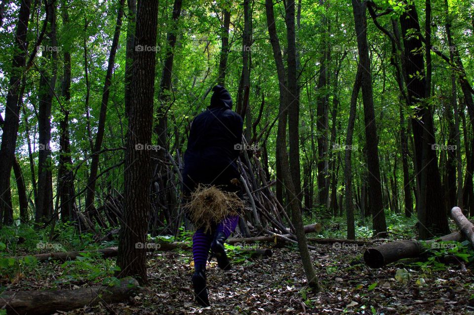 Witch flying in forest.