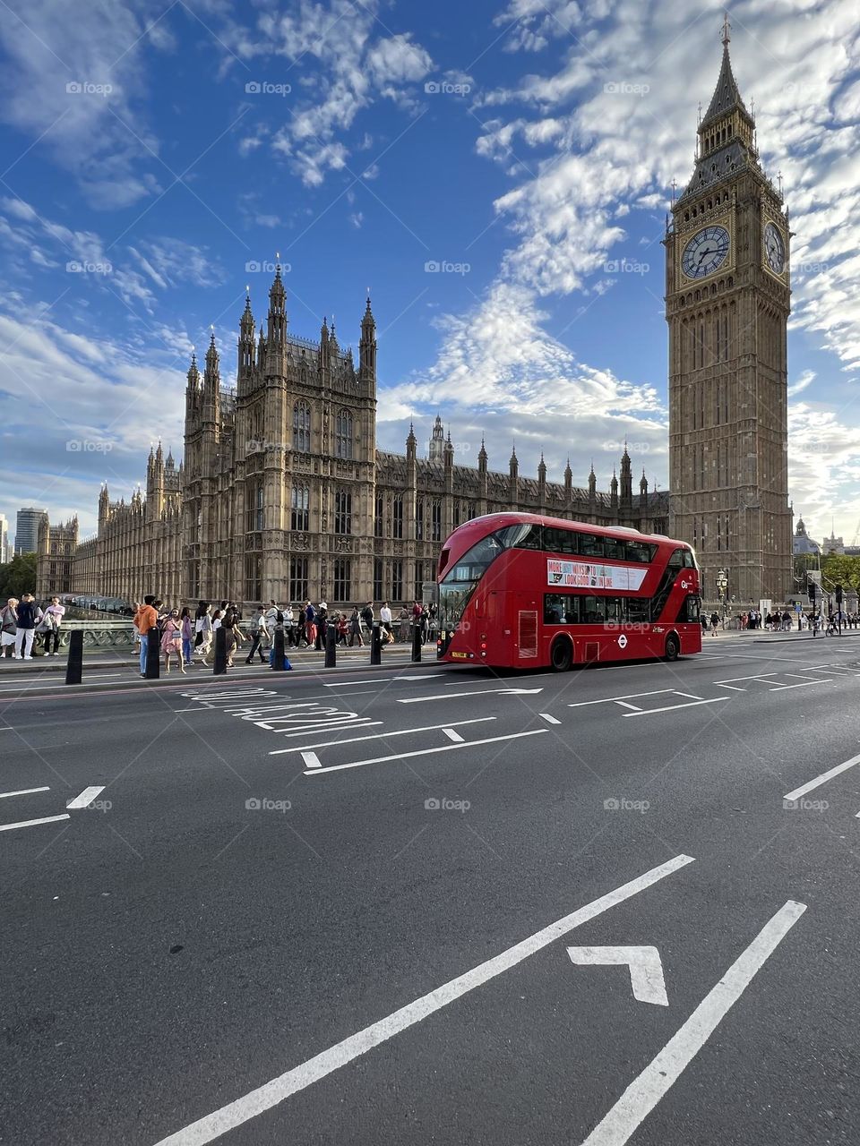 London city public transport-red bus. Big Ben, Parliament. 