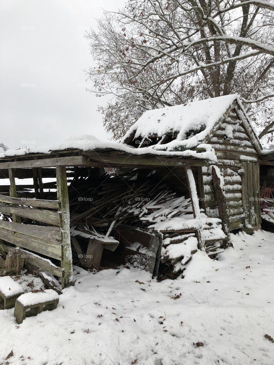 Snowy scene, snow covered barn, farmhouse, antique 