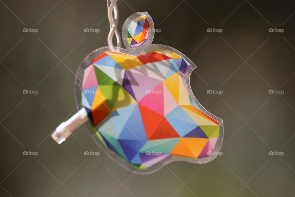An apple sticker hanging from a dangling Christmas light out on a beautiful bushland 