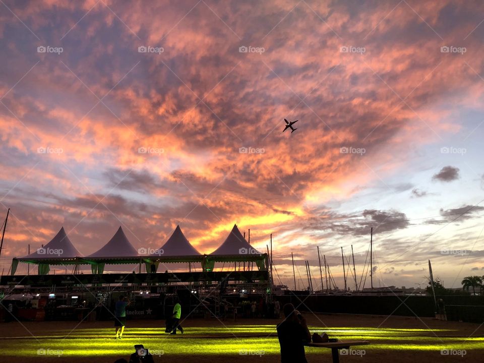 Sunset over port de plaisance festival setup