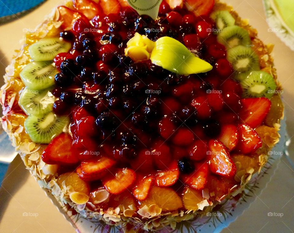 High angle view of fruits cake