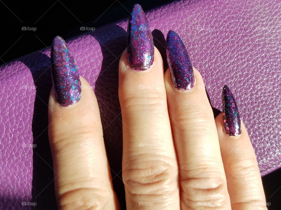 purple glitter nails