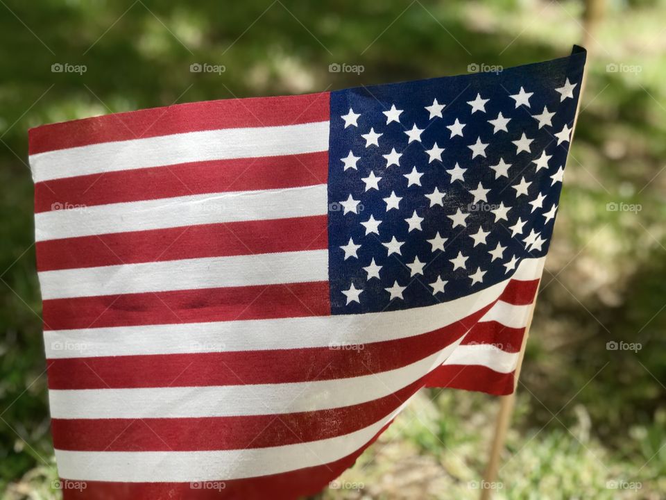 American flag flown in the yard on a summers day 