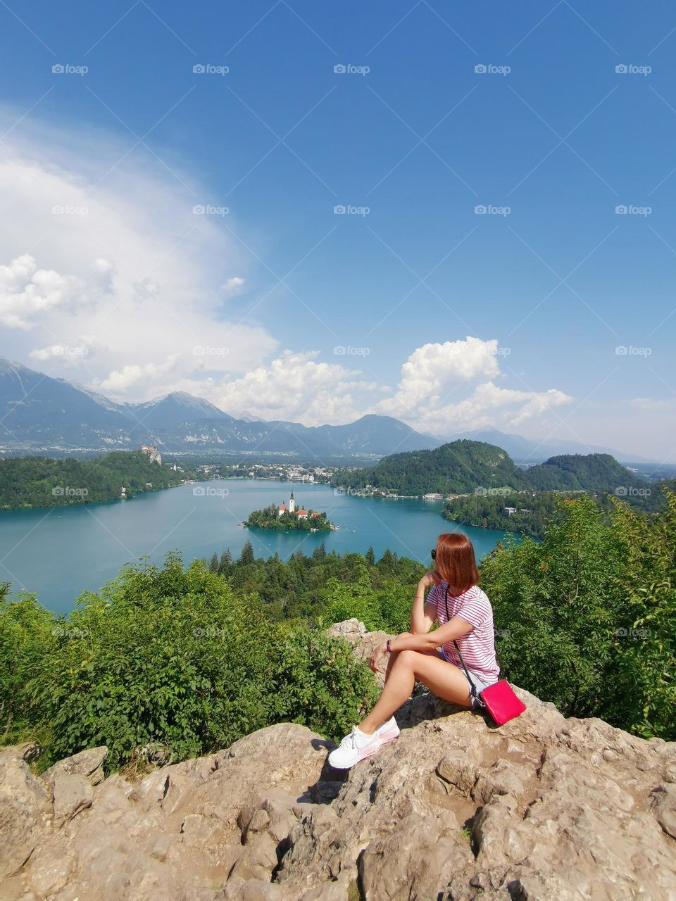 Let's go on a hike. Beautiful view of Bled Lake and Bled Island. Amazing Slovenian nature.