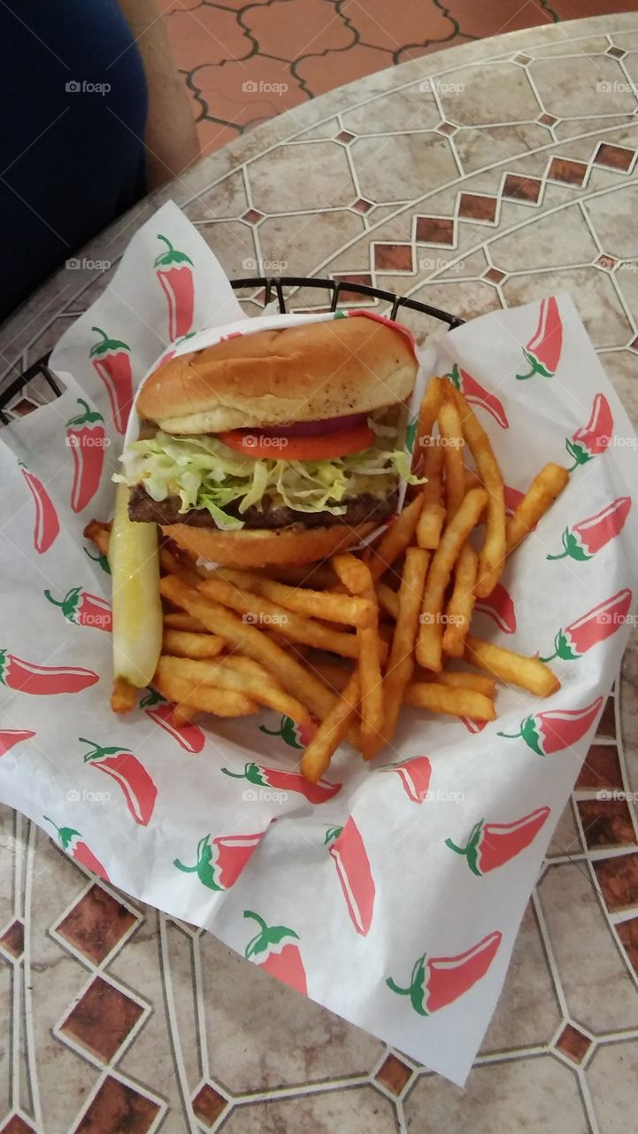 Cheeseburger with Beer Battered Fries and Pickle, Hall of Flame, Ruidoso, New Mexico, Southwest