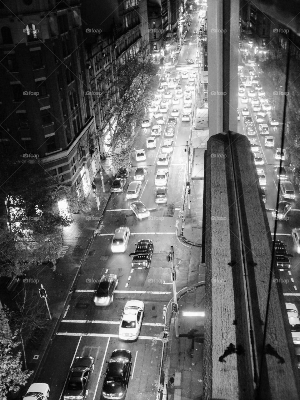 Evening view from Trevors appartments in Sydney CBD. In black and white