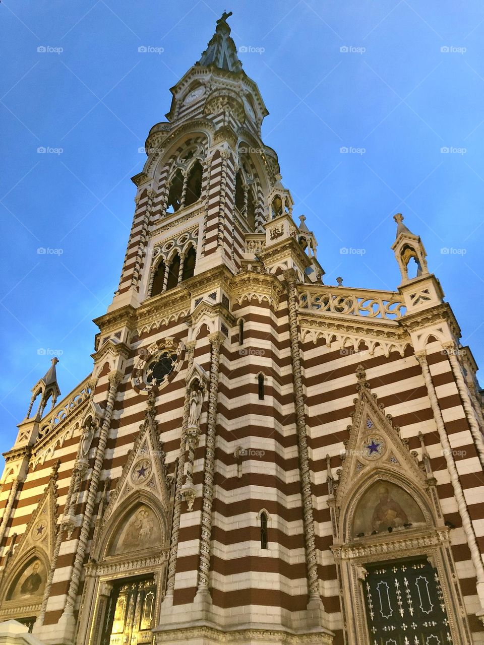 A candycane-striped gothic church stands out to visitors wandering the streets of Bogota, Colombia 