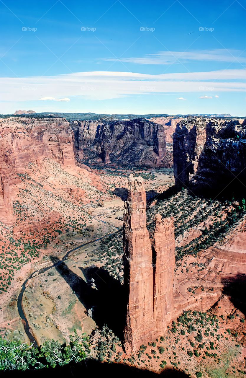 Spider Rock at Canyon de Chelly National Monument.
Aerial View of Spider Rock at Canyon de Chelly National Monument in Arizona.