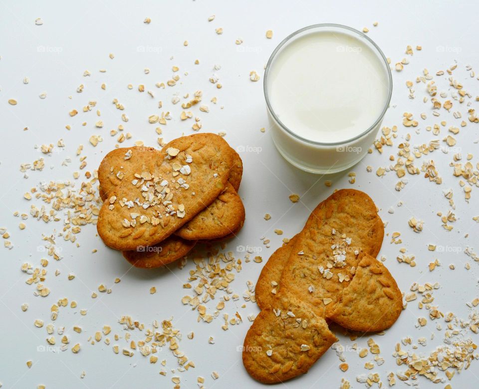 cookies with milk tasty healthy food top view on a white background, love cookies oat 😋