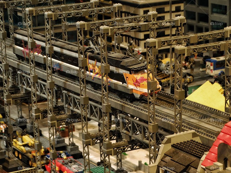 Model Railroad. Model Train Diorama Made From Lego Bricks
