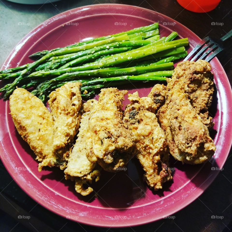 fried chicken, asparagus, food, good, delicious