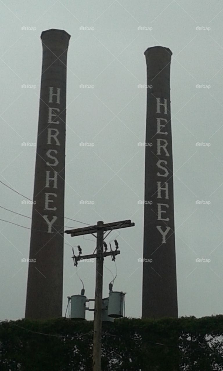 Hershey Factory smoke stacks. these stacks still stand as a reminder of how the town was named