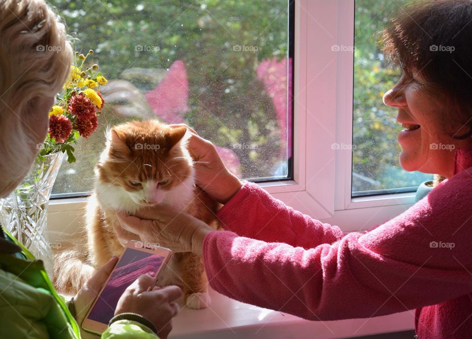 family with cat happy friends