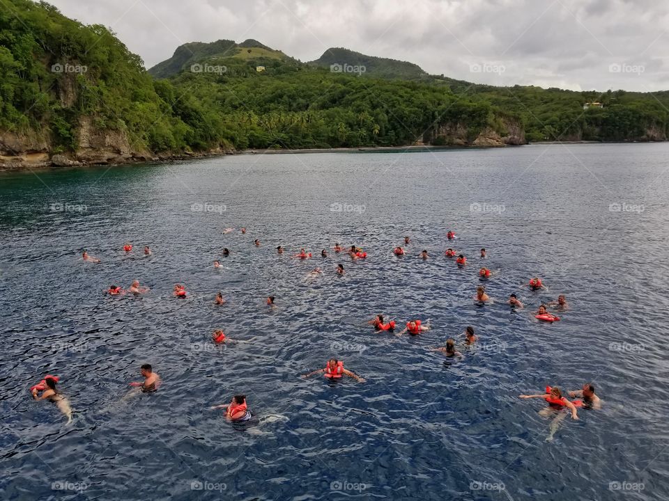 Afternoon swim break..Pirate ship anchors for about 30 minutes..So anyone that wants to swim jumps in..life vests of course safety first.