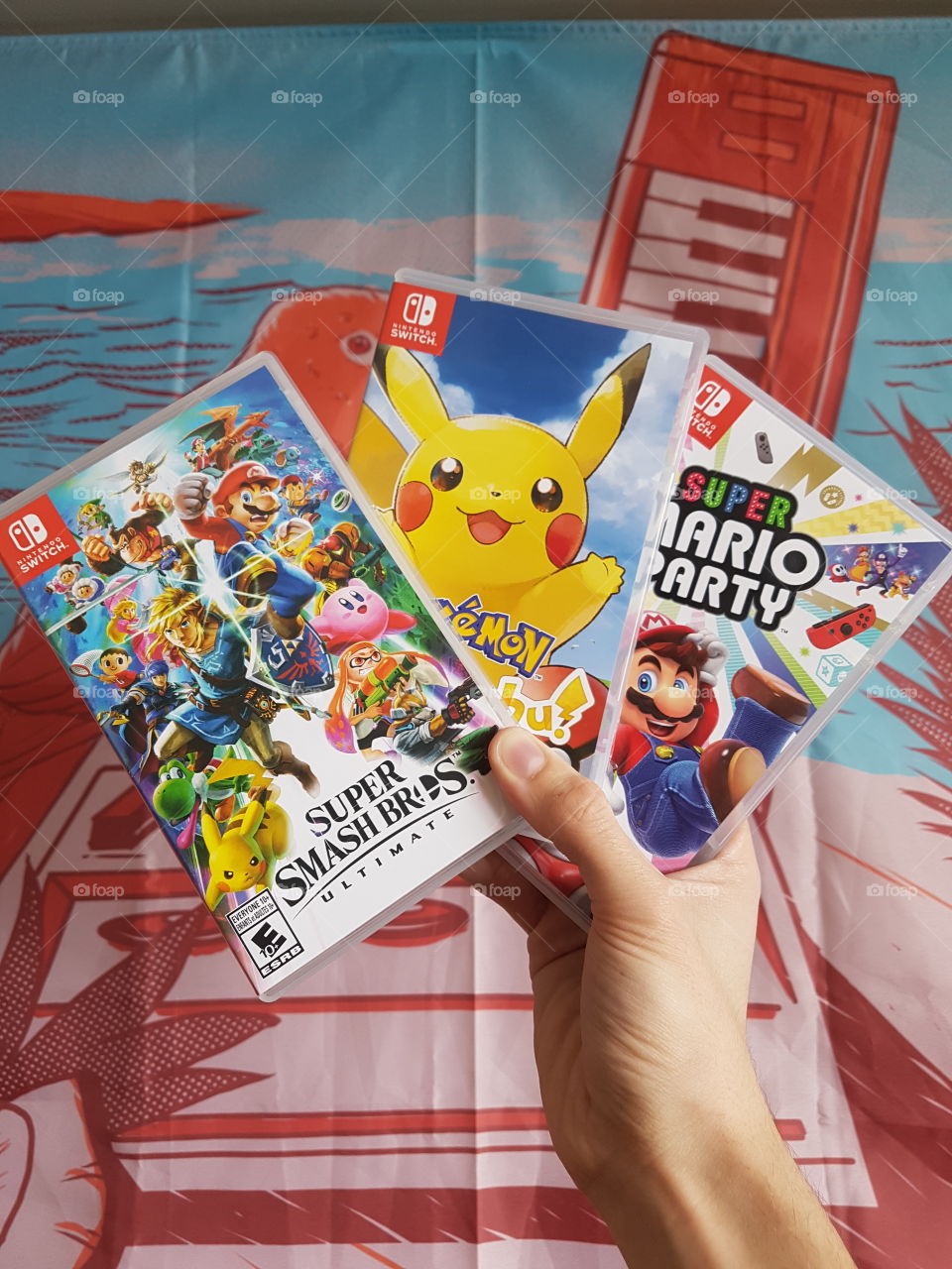 Nintendo Switch games (Pokemon, Super Smash bros, Super Mario Party)