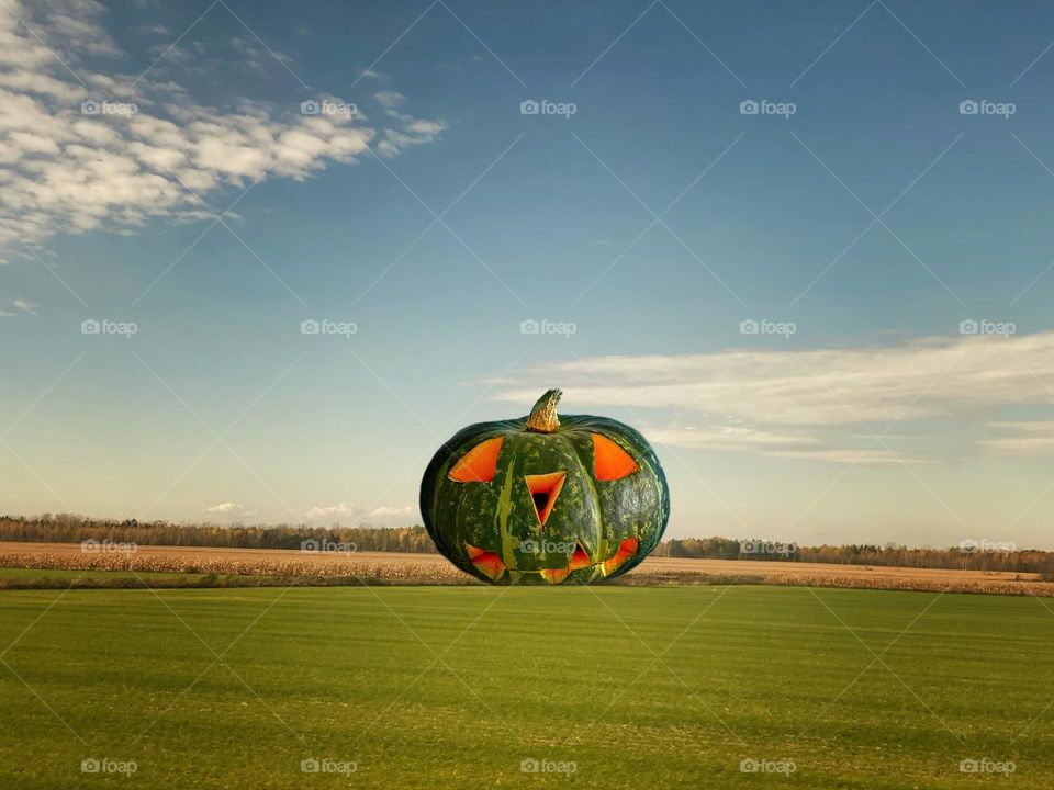 Giant jack-o’-lantern in a field