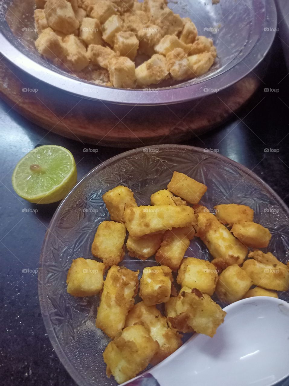 Paneer pakora frying cooking in the kitchen area