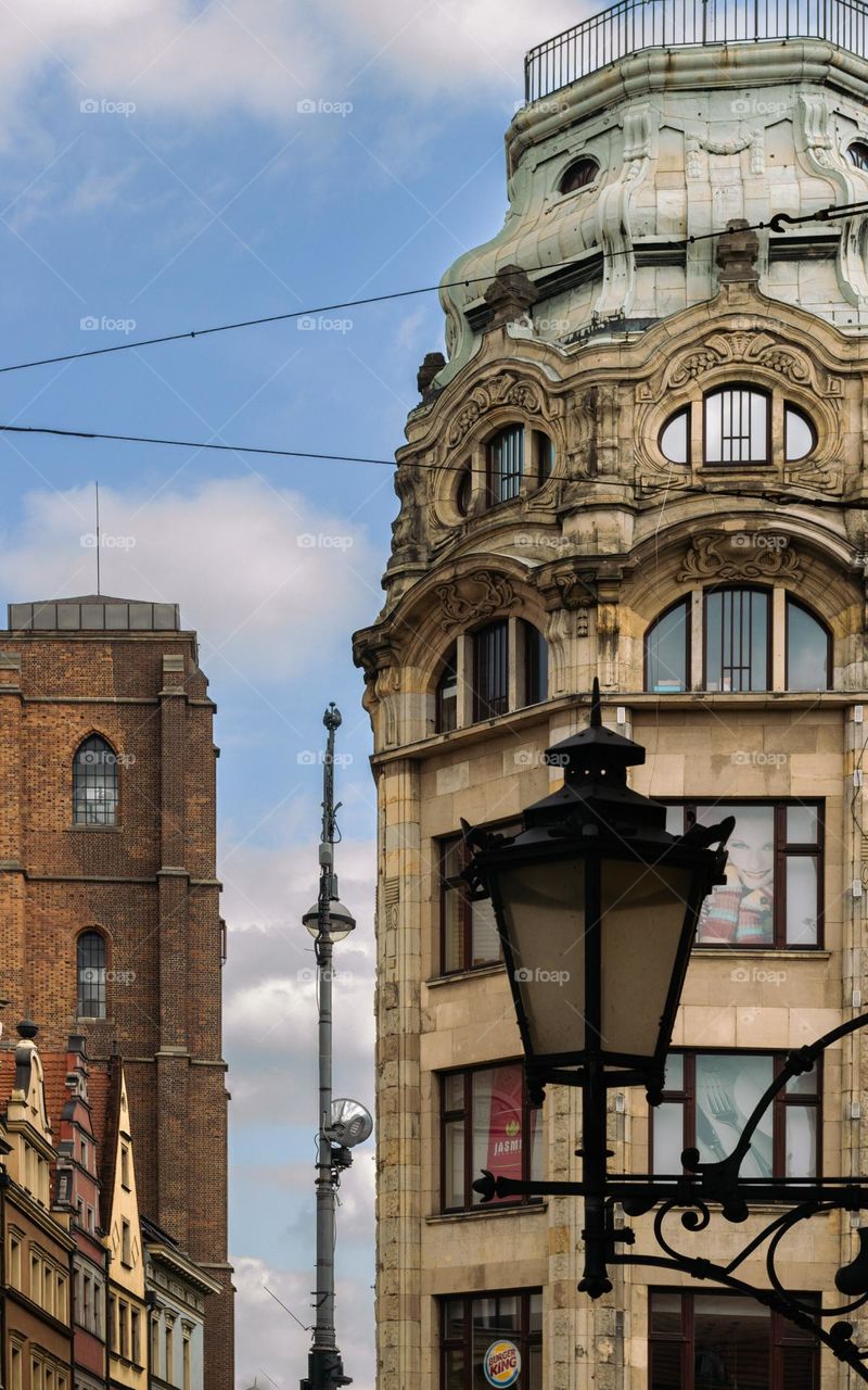 historic tower and tenement house on the Wroclaw market square