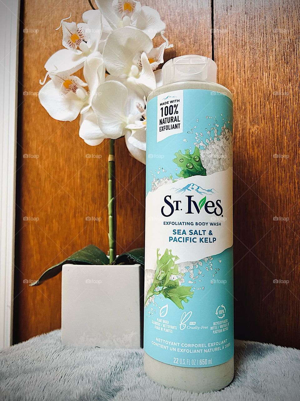 I love the clean, fresh smell of the St. Ives Sea Salt & Pacific Kelp exfoliating body wash.