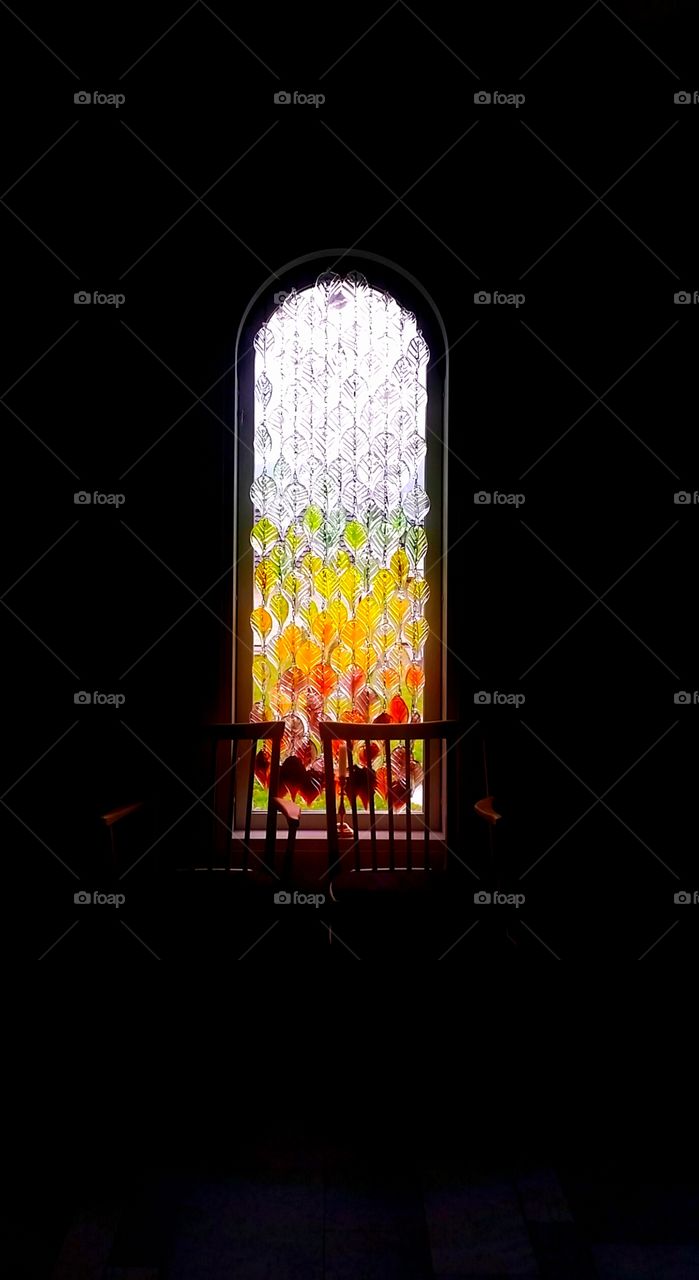 Autumn leaves of glass. Local art of "Åre Glashytta" in Sweden. This is made of glass, adorn the two windows in the village's new church chapel!