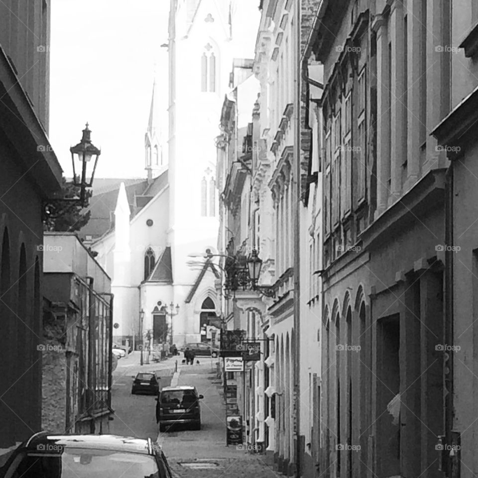 Black and white street scene. Old town, Liberec, Czech Republic