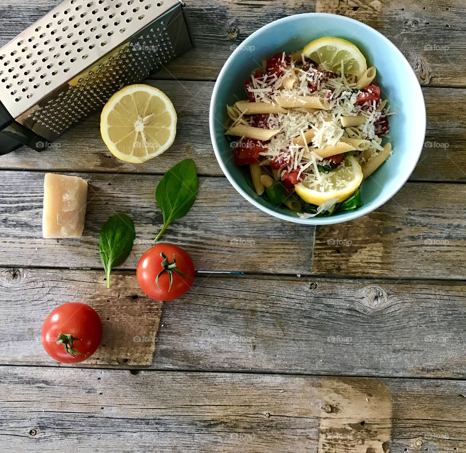 Directly above shot Of pasta in bowl On table