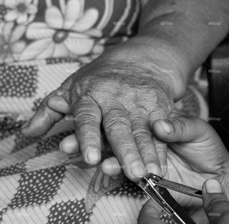 granddaughter is cutting her grandma’s  fingernails