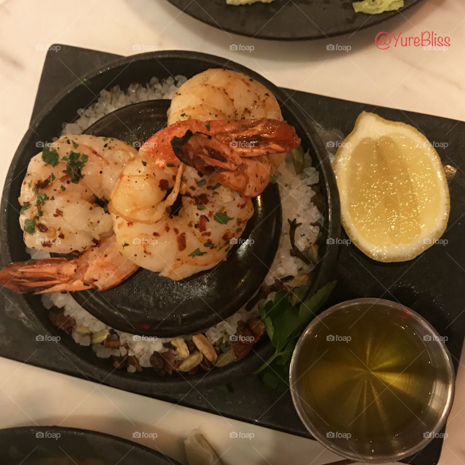 Brandy Shrimp Flambé at Chef Gordon Ramsay’s Hell’s Kitchen Las Vegas, Caesar’s, seafood, shellfish, prawns 