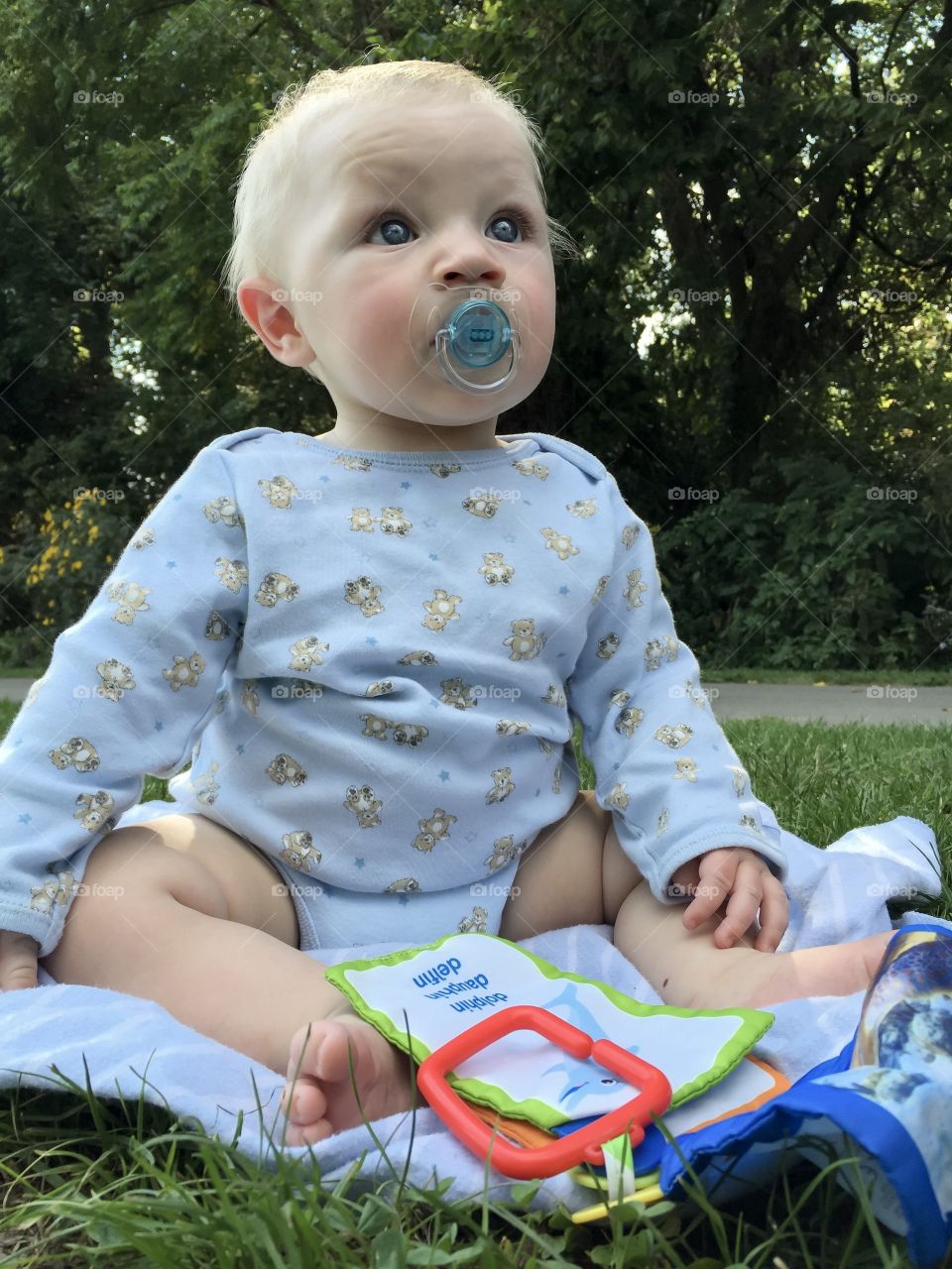 Cute baby boy playing on a blanket in nature park 